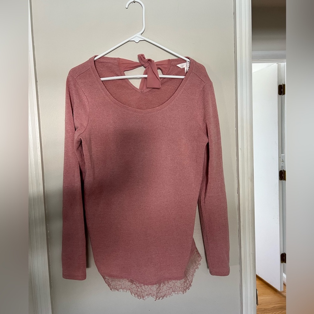 LC Lauren Conrad Dusty Pink Long Sleeve Lace Trim Sweater